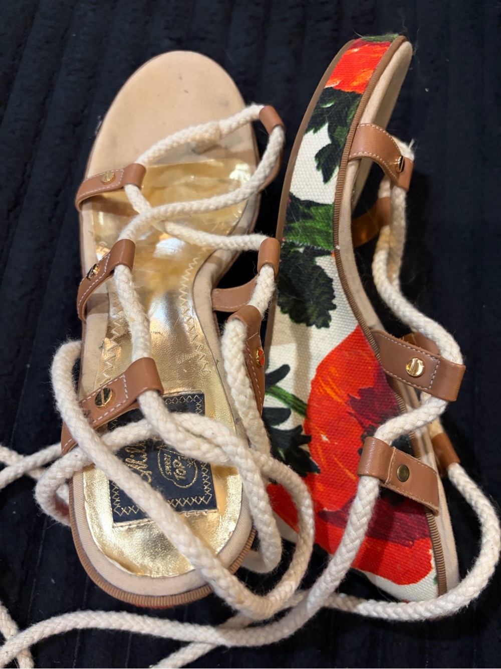 Sperry Floral Canvas Slide Sandals with Braided White Rope and Tan Trim